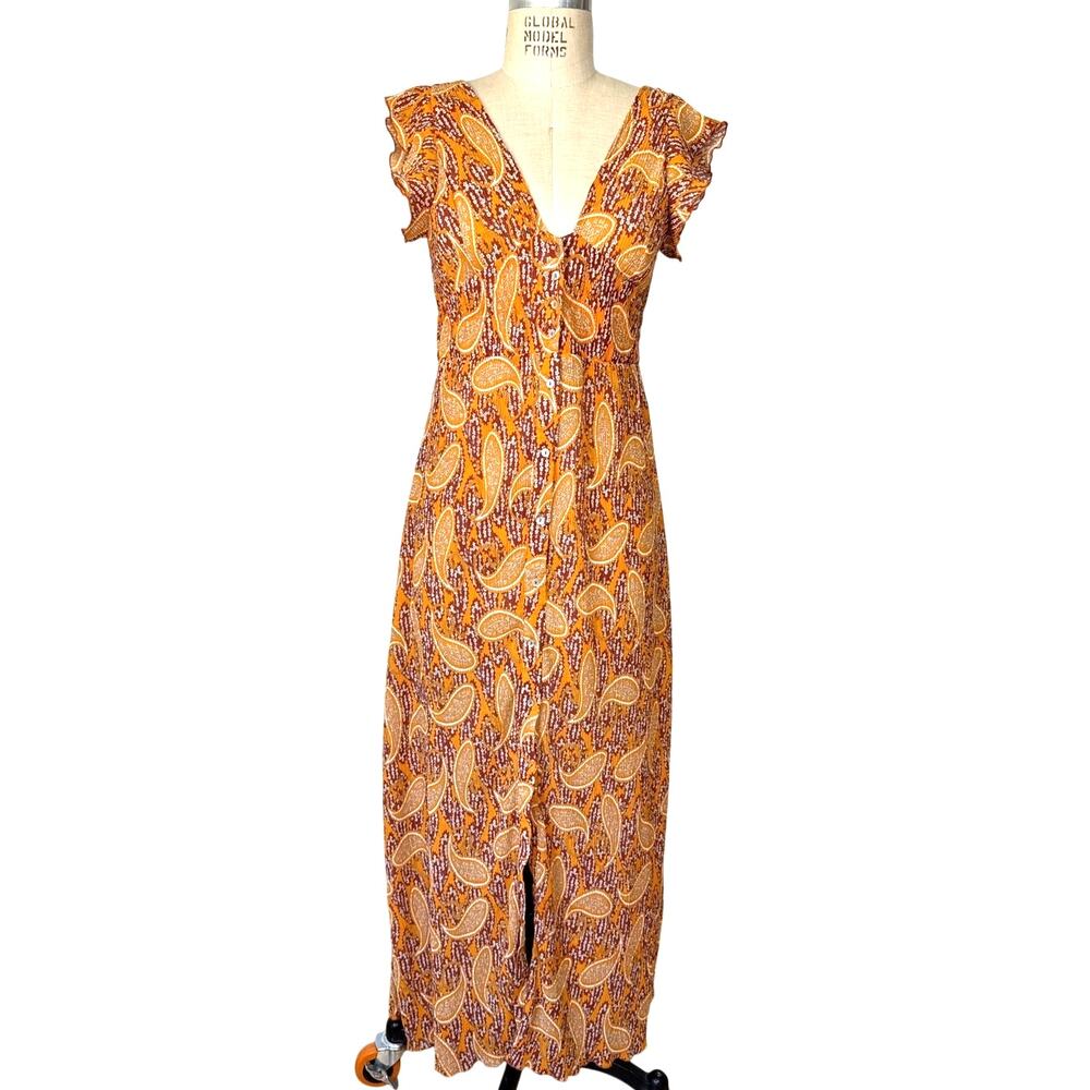 Muche Muchette Micro Pleat Maxi Dress in Orange Paisley Medium/ One Size